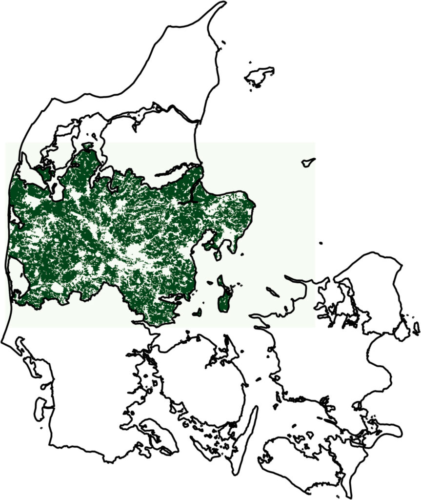Eligible land for APV setups, applying optimal PV setup for agrivoltaics, in Midtjylland (Denmark). This area, 8341 km², accounts for 64% of the region's total land.