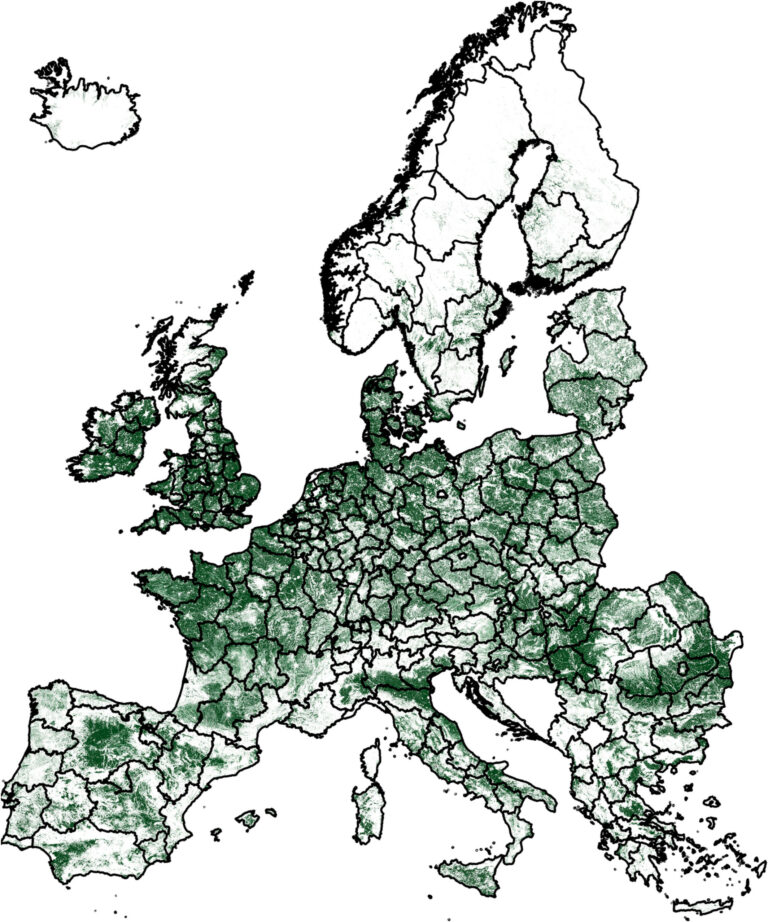 Figure 11 - Viable land for APV installation, applying optimal PV setup for agrivoltaics across NUTS-2 regions. 16.2% of the EU's area, equivalent to 1.7 million km².