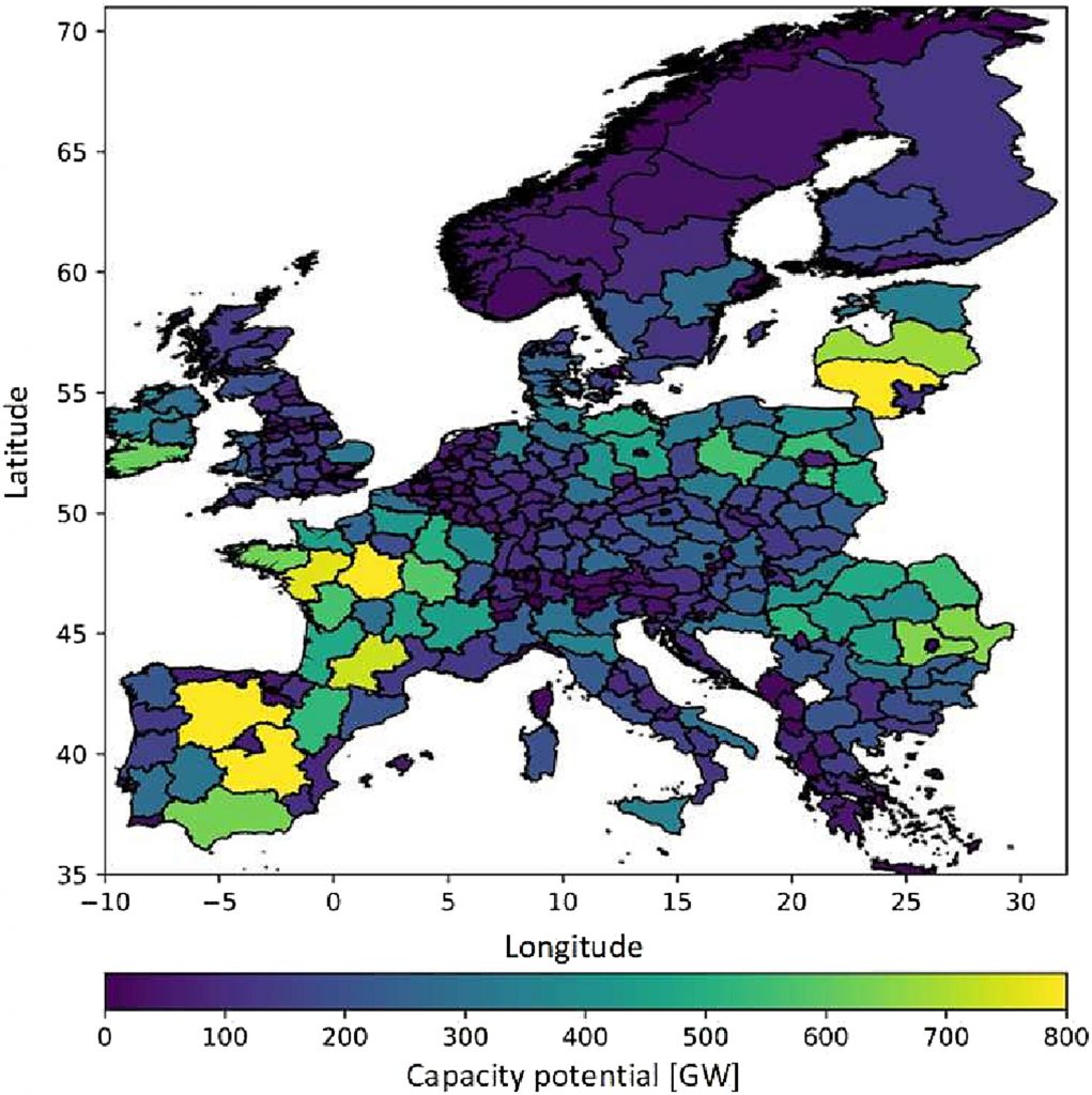 The highest attainable capacity for APV systems, estimated per NUTS-2 region, factoring in land availability and a 30 W/m2 capacity density for specific land types listed in Table 1.