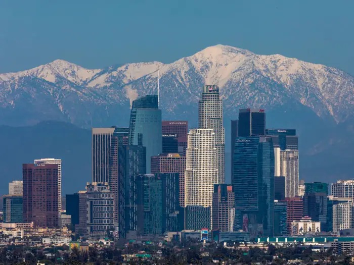 The San Gabriel Mountains are visible in Los Angeles, California, on April 14, 2020. David McNew/Getty